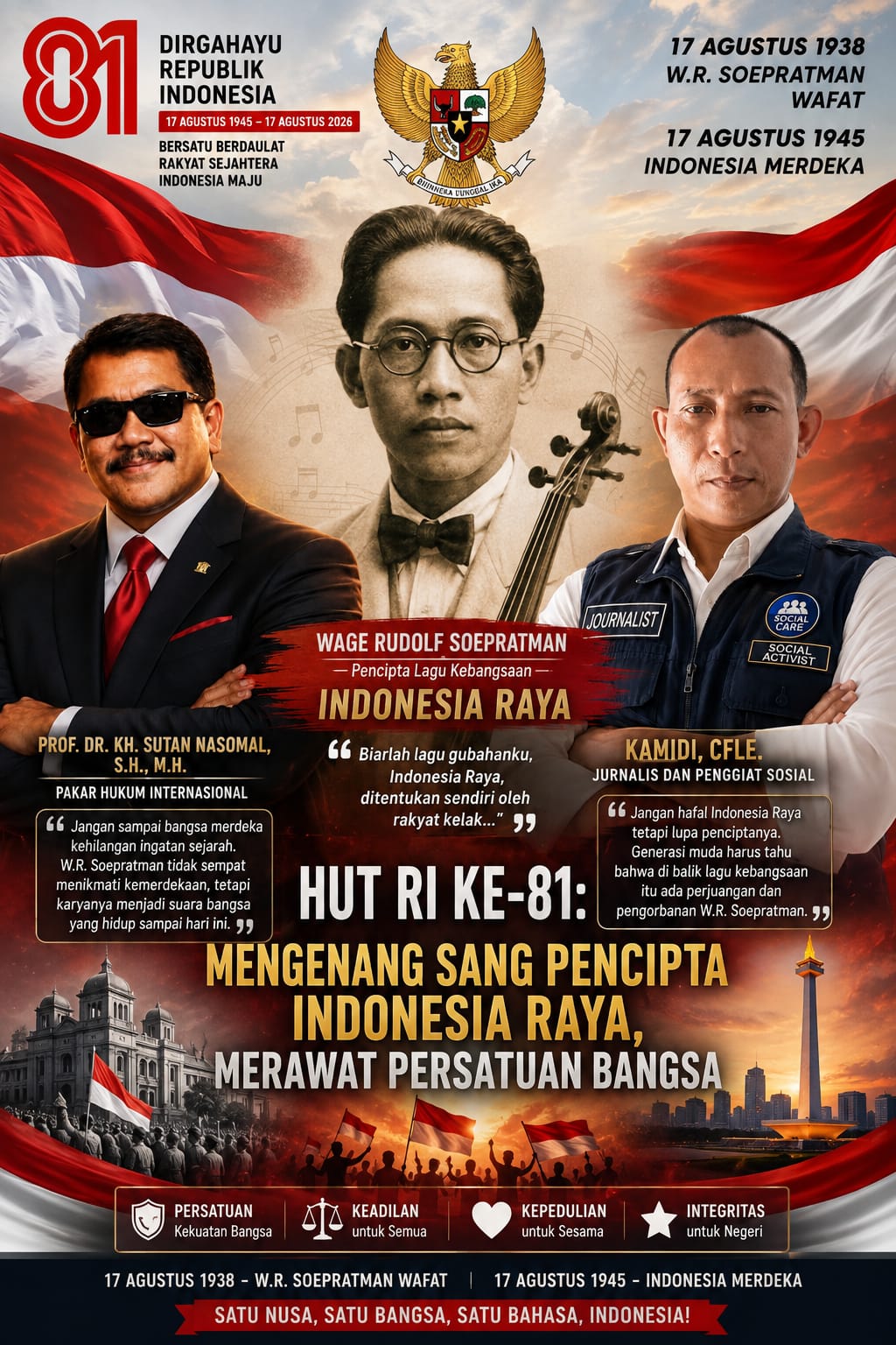 HUT RI ke-81, Prof. Dr. KH. Sutan Nasomal, S.H., M.H., Pakar Hukum Internasional , Ekonom, Ingatkan: Jangan Lupakan W.R. Soepratman, Sang Pencipta Indonesia Raya