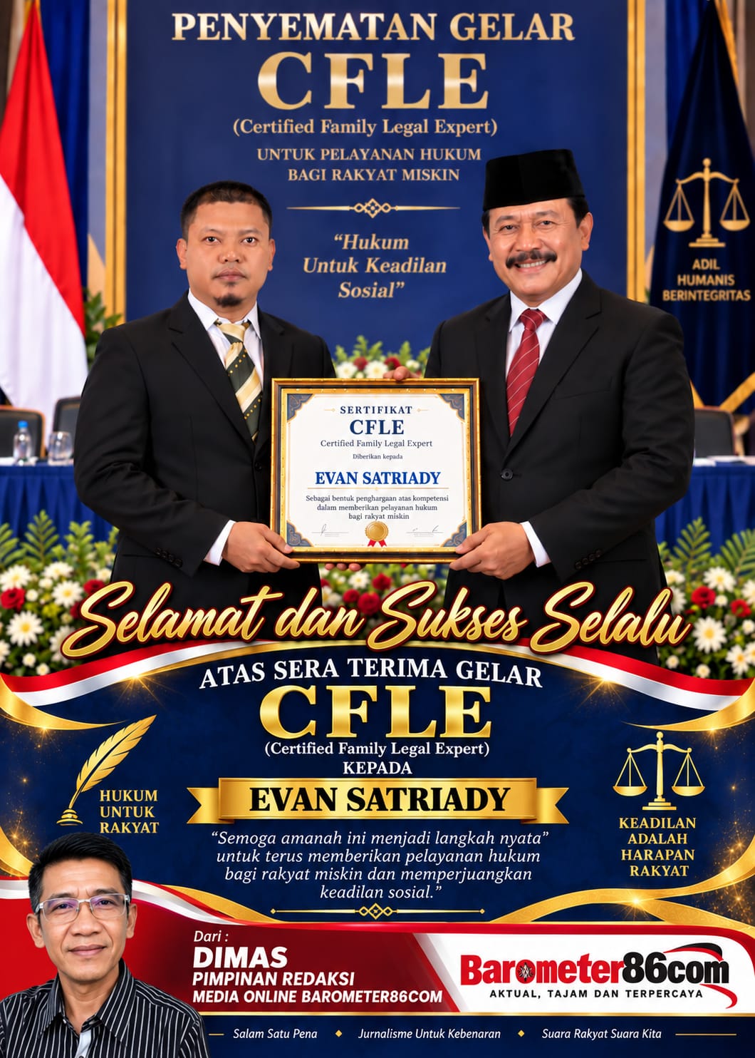 Prof Dr Sutan Nasomal Ketum YLBH Profesor Sutan Nasomal SH MH Menyematkan Gelar CFLE Kepada Evan Satriadi CFLE Untuk Berikan Pelayanan Hukum Rakyat Miskin!!!