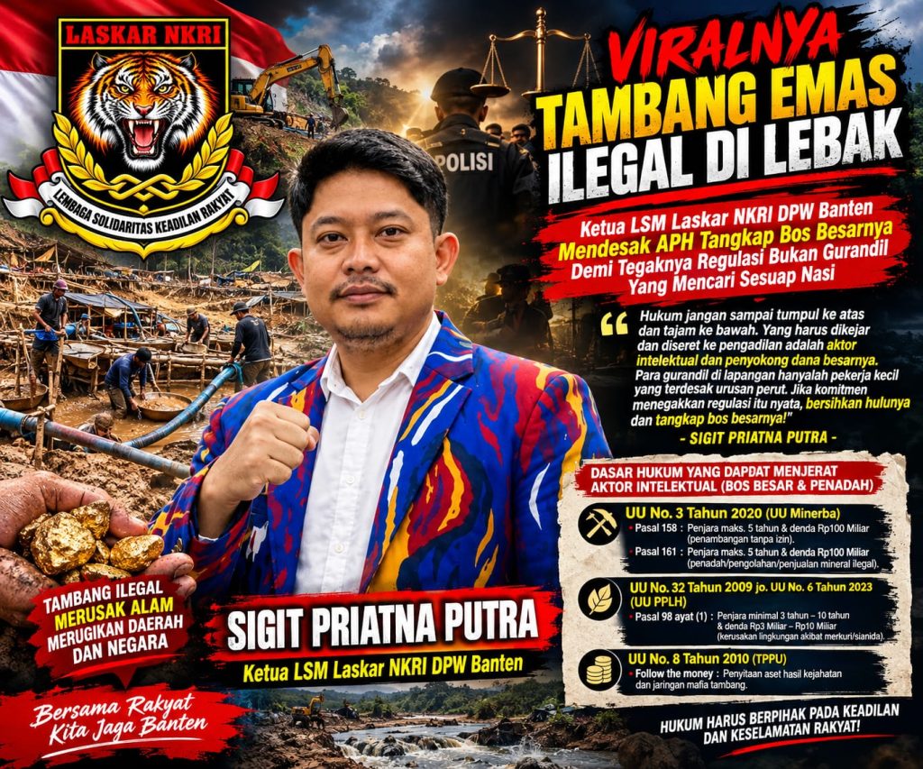 Viralnya Tambang Emas Ilegal Di Lebak : Ketua LSM Laskar NKRI DPW Banten Mendesak APH Tangkap Bos Besarnya Demi Tegaknya Regulasi Bukan Gurandil Yang Mencari Sesuap Nasi.