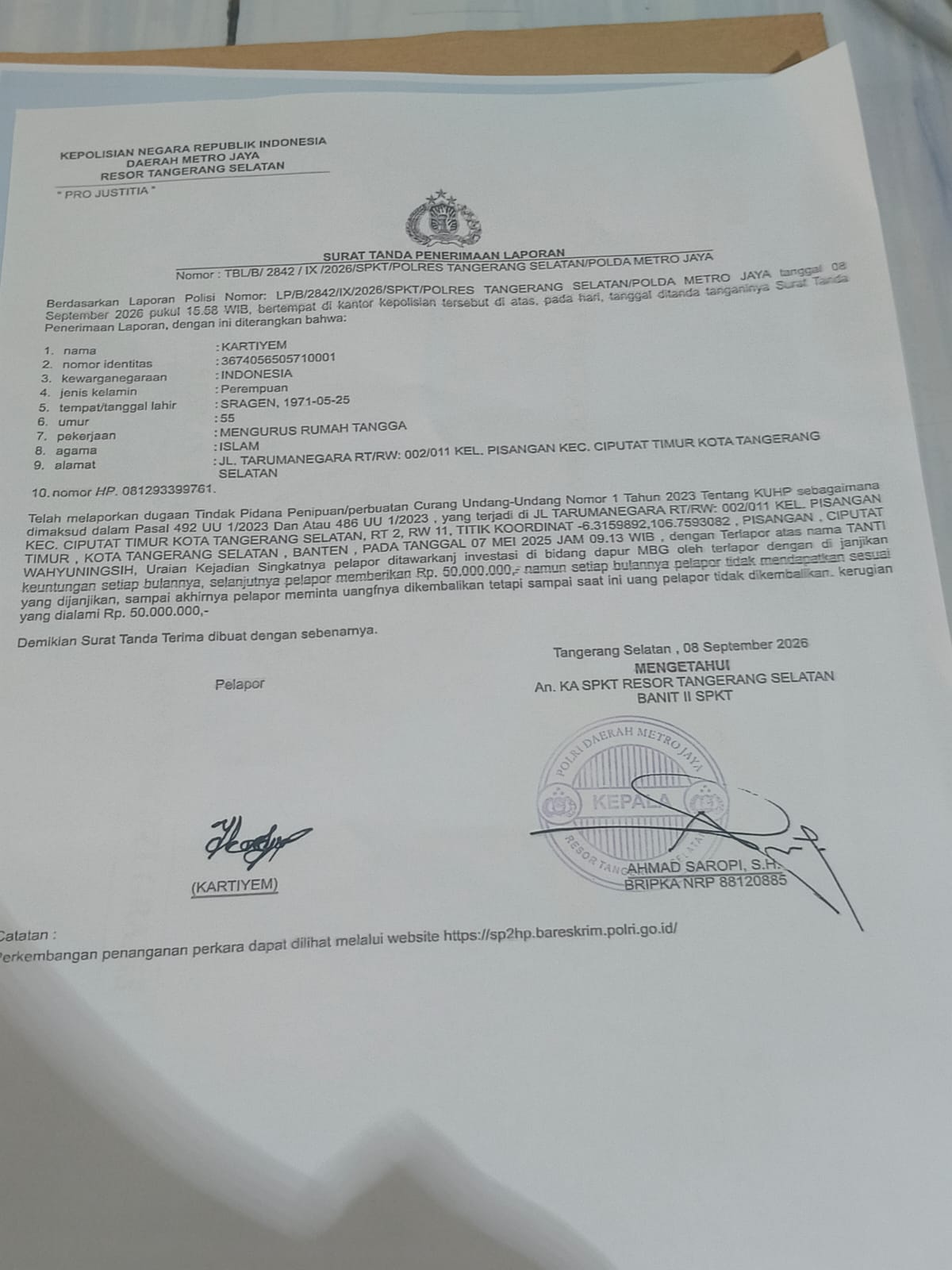 Wartawan Cyber Tribrata Indonesia melaporkan ke polres Tangsel Mengaku Dirugikan dalam Dugaan Penipuan dan Penggelapan Uang Kerja Sama Dapur MBG
