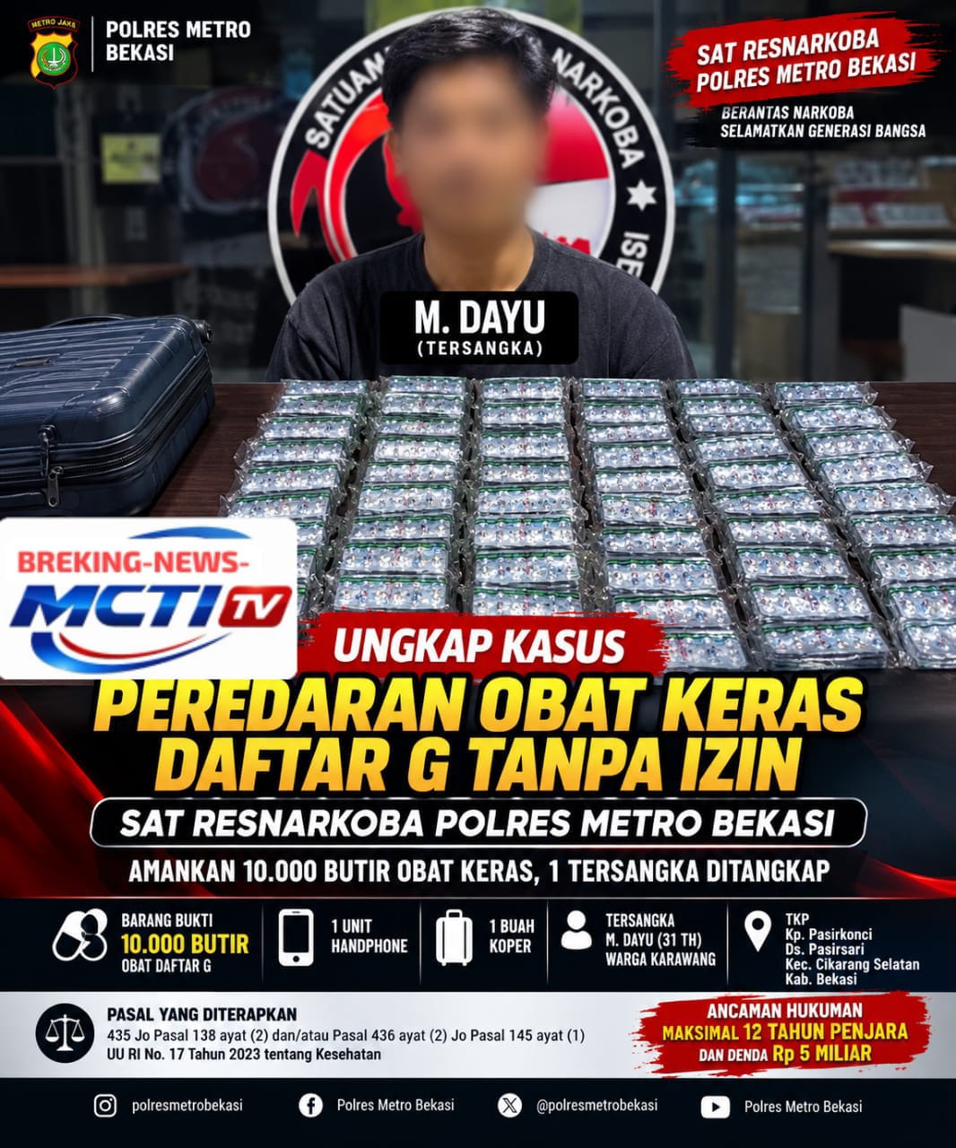 Sat Resnarkoba Polres Metro Bekasi Amankan 10 Ribu Butir Obat Keras Tanpa Izin